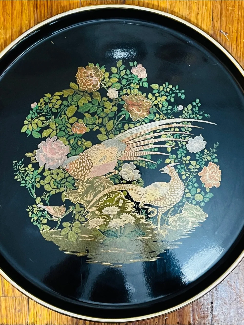 Vintage Japanese Black Lacquer Serving Tray – Peacock & Floral Design – 14” – Ma